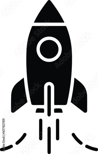 Flat design illustration of a black rocket ship blasting off against a clean white background with motion lines.