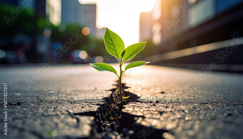 Fototapeta Naklejka Na Ścianę i Meble -  Young green plant growing through cracked concrete on city street with sunlight shining in background, symbolizing hope and resilience in urban environment