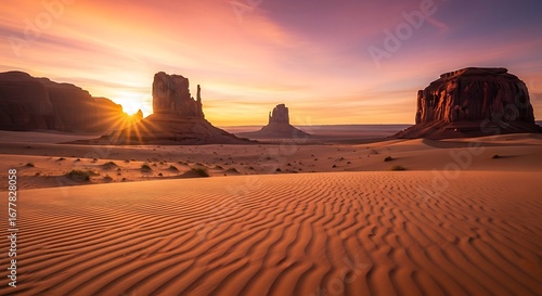 Vibrant desert sunrise over majestic rock formations.