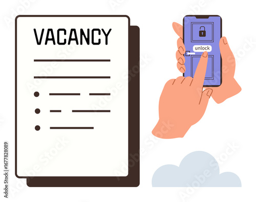 Job vacancy notice displayed alongside a smartphone with unlocking prompt activated by a hand. Ideal for recruitment, job search, career opportunity, access control, digital application, employment