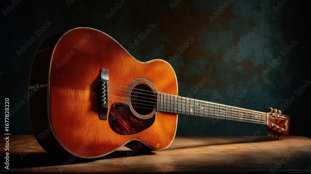 Fototapeta premium Classic wooden acoustic guitar with warm brown finish on textured table and dark backdrop