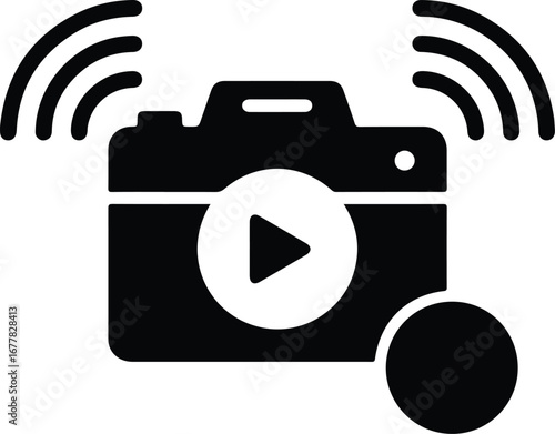 Black icon of a camera with a play button and wireless signal lines on a white background.