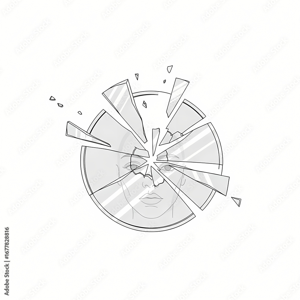 Obraz premium A stylized illustration depicts a shattered circular mirror revealing a fragmented human face, symbolizing broken identity or perception.