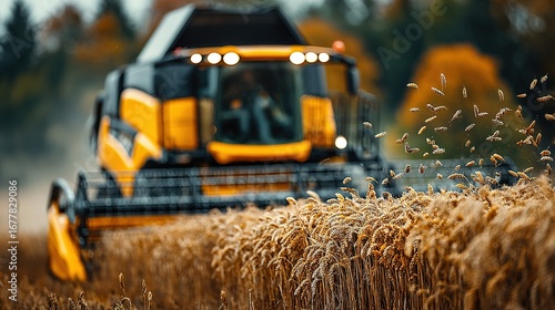 Agricultural combine harvester working in a field of wheat during harvest season.