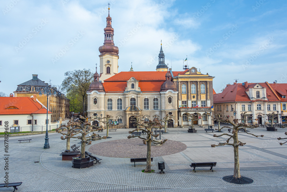 Obraz premium Sunrise view of the main square in Polish town Pszczyna, Poland