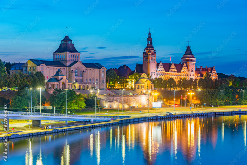 Fototapeta premium Sunset view of the National Museum in Szczecin, Poland