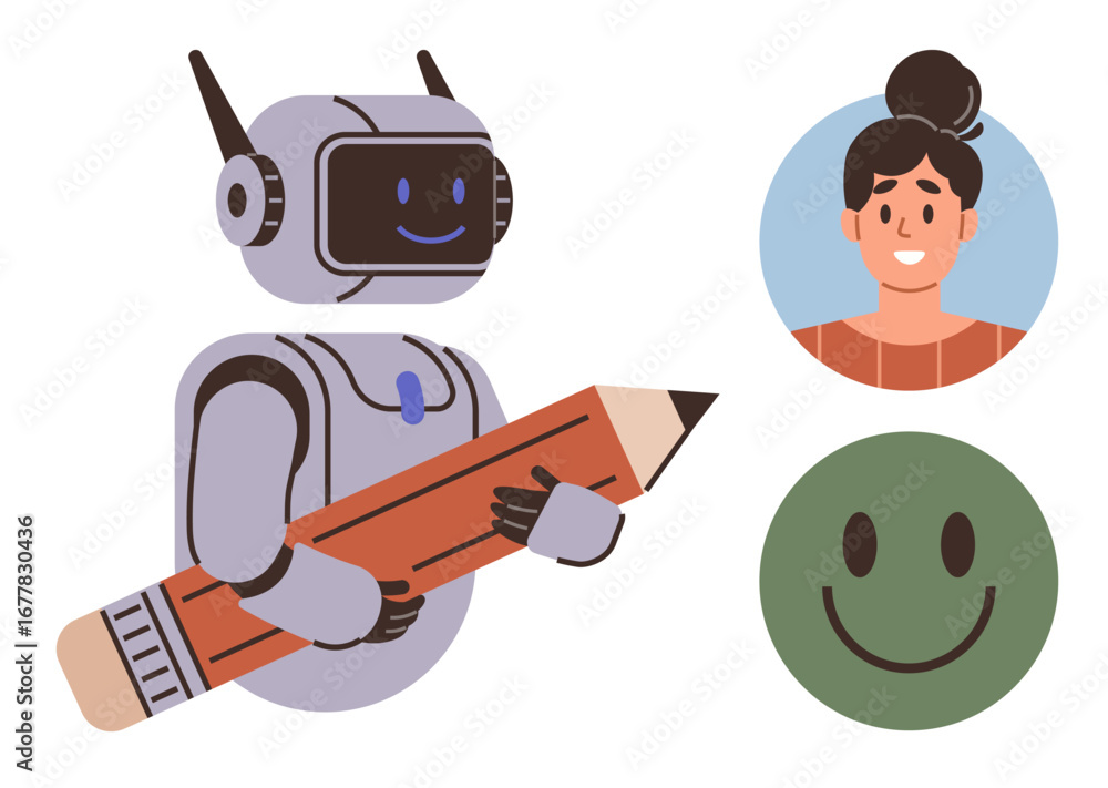 Fototapeta premium Robot with a cheerful screen holding a pencil beside a smiling person and green happy face. Ideal for technology, AI, creativity, education, teamwork, user interface, positivity. Simple flat metaphor