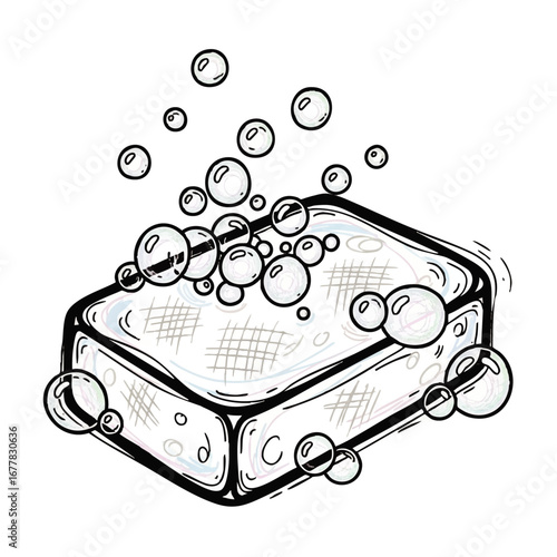 Hand Drawn Bar of Soap with Bubbles Illustration for Hygiene and Cleanliness Concepts