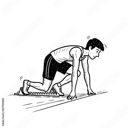 Athlete in Starting Blocks Hand Drawn Illustration for Sports and Competition