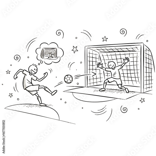 Goal Soccer Player Scoring Goal Goalkeeper Trying to Block Hand Drawn Cartoon Illustration