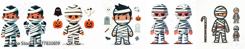 Halloween Mummy Kids Costume Illustration – Cute Children Wrapped in Bandages Trick or Treat with Pumpkin, Ghost and Tombstone Vector Pack