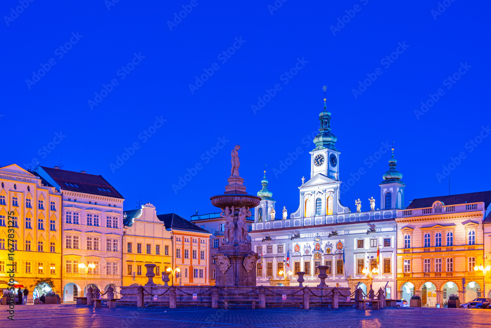 Fototapeta premium Sunrise view of the main square in Ceske Budejovice, Czech repub