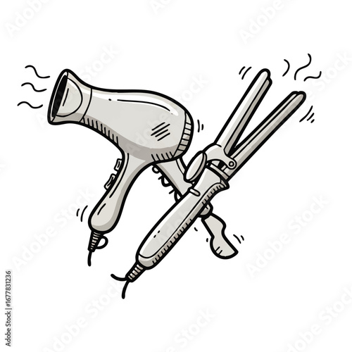Hair Styling Tools Illustration Hair Dryer and Curling Iron for Beauty Salon