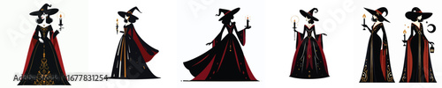 Elegant Gothic Witch Vector Collection – Dark Fantasy Halloween Sorceress in Luxury Dress with Candle, Moon and Magic Illustration