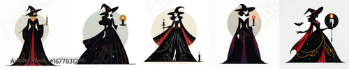 Gothic Elegant Witch Vector Illustration Set – Dark Fantasy Halloween Sorceress with Candle, Bat, Black Dress and Magic Costume