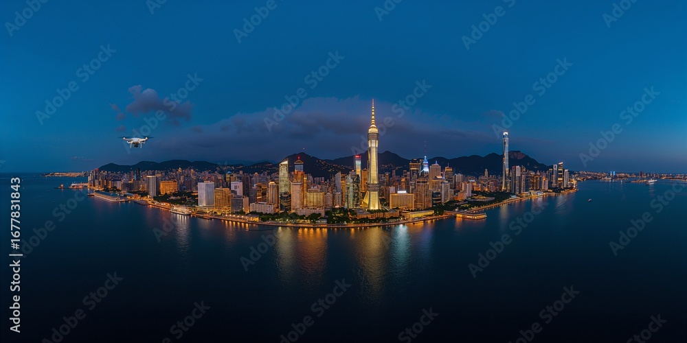 Naklejka premium Aerial drone view of illuminated coastal skyline at dusk—panoramic smart city nightscape with towers, bayfront parks, and long reflections; technology, tourism, and finance hub beside calm sea
