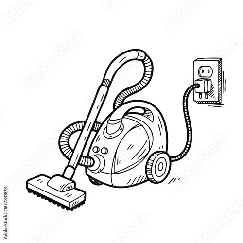 Illustration of a Vacuum Cleaner plugged into a Wall Outlet for Home Cleaning