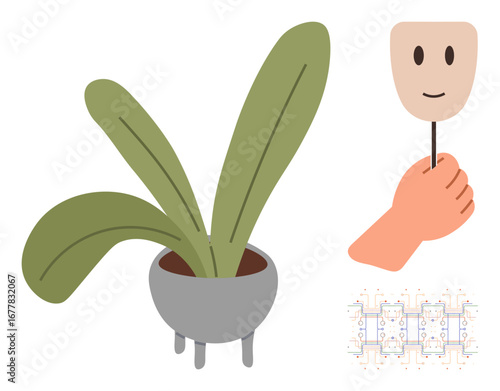 Potted plant with green leaves, hand holding a smiling mask on a stick, abstract circuit board. Ideal for technology, nature, emotions, identity, duality sustainability design. Simple flat metaphor