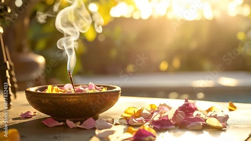Bronze Bowl of Rose Petals and Incense in Warm Sunlight