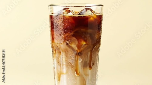 Glass of iced coffee with milk swirl, clean composition on pastel cream background