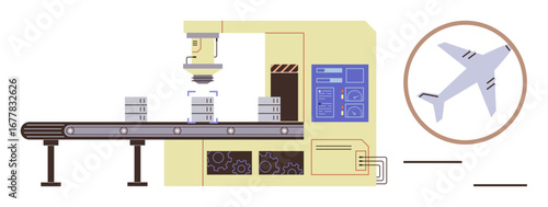 Robotic machine assembling parts on conveyor belt with aviation element. Ideal for technology, innovation, manufacturing, aerospace, automation, industry, futuristic processes. Simple flat metaphor