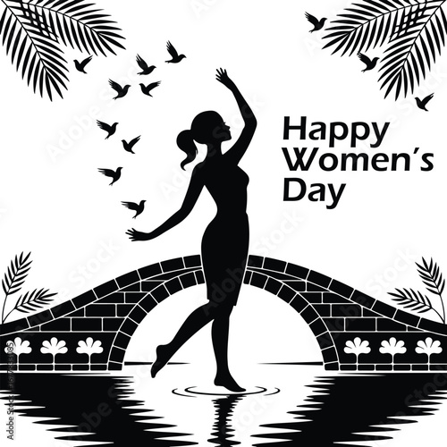 Silhouette of a woman dancing on a bridge with birds flying overhead celebrating happy women s day