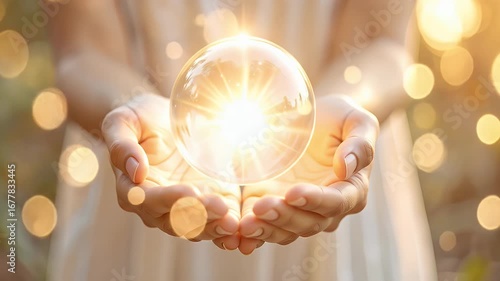 Woman's Hands Holding Glowing Crystal Ball in Soft Golden Light
