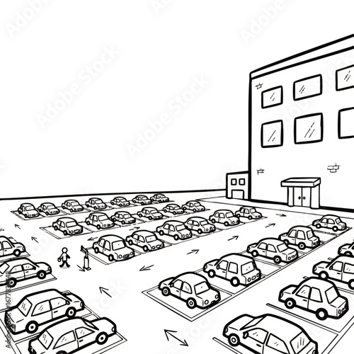 Car Parking Lot Full of Vehicles Office Building Outlines Vector Illustration