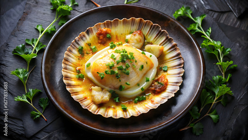 A top view of delicious Coquille Saint-Jacques, in a dark plate