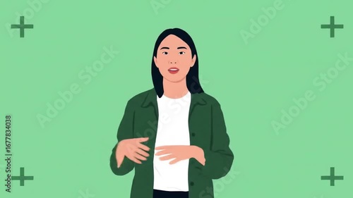 Animated Businesswoman Explaining and Presenting on Green Background.