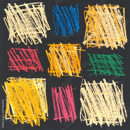 Abstract geometric design with colored crayon strokes on black background