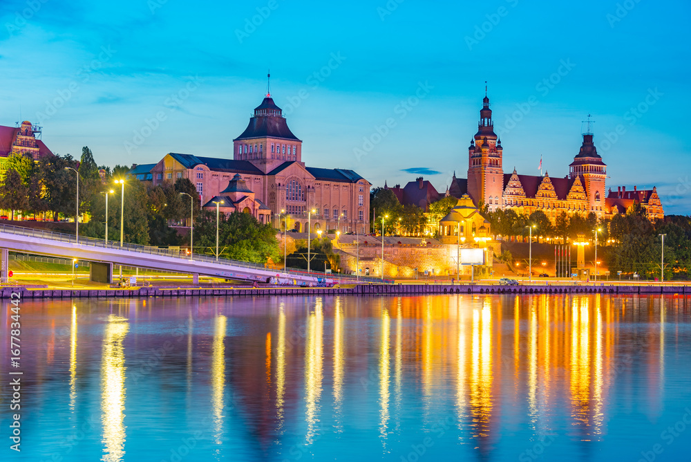 Fototapeta premium Sunset view of the National Museum in Szczecin, Poland