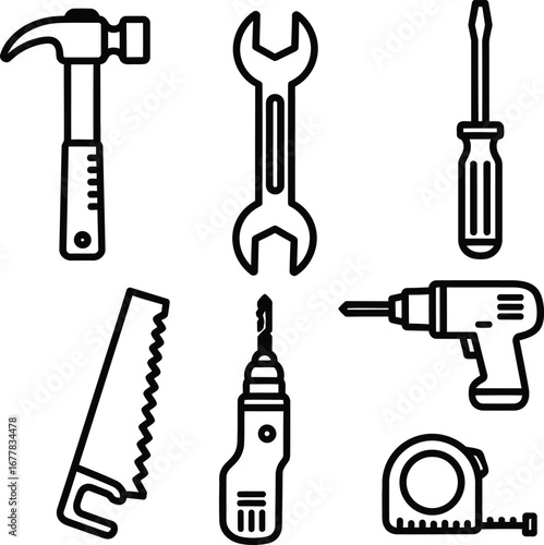A set of home improvement and construction tools in a clean, minimalist line art style. Features a hammer, wrench, saw, and drill, perfect for DIY and hardware store designs.
