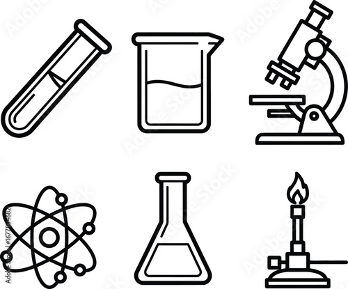 A collection of science and chemistry icons in a clean linear vector style. Includes essential lab equipment like a microscope, test tube, and beaker, as well as an atomic model and Bunsen burner. 