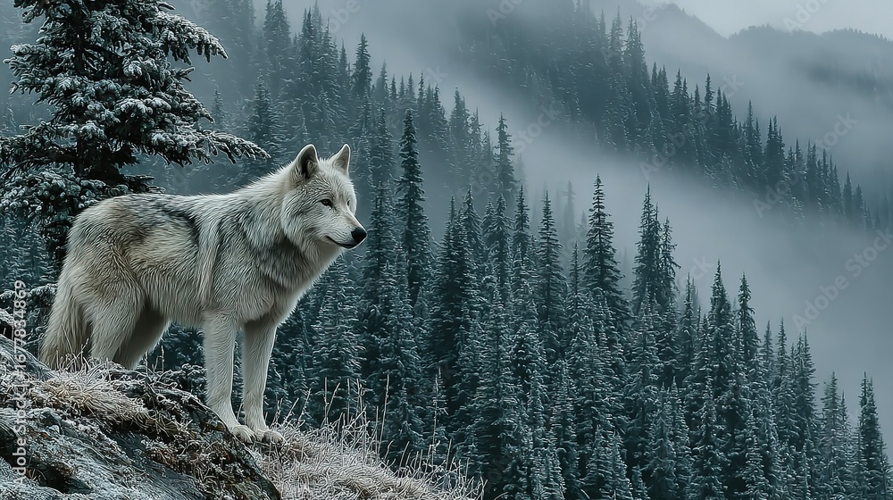 Obraz premium Wolf stands on rock ledge with snowy forest and mountains in background.