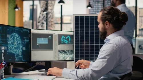 Wallpaper Mural Sustainability RD professional uses AI tech to design production lines for solar panel assembly. Technician uses artificial intelligence to enhance solar cells, improving clean energy output, camera B Torontodigital.ca