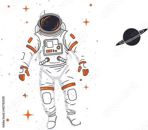 Illustration of an astronaut floating in space surrounded by stars moon and a planet with rings