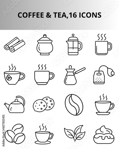 Coffee and tea icons with cups, teapots, and coffee beans  