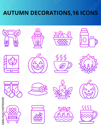Collection of autumn decorations icons in colorful line art style  