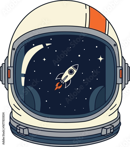 An astronaut helmet reflecting a rocket flying through space with stars on a light gray background