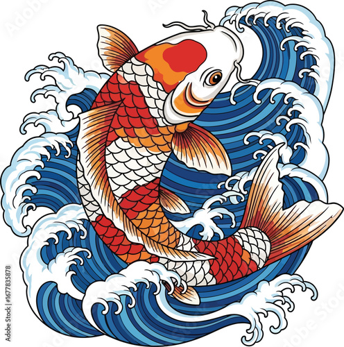 A vibrant koi fish swimming amidst stylized blue waves on a clean white background art illustration