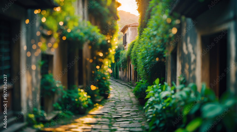 Fototapeta premium Stones And Bricks In Pathway Surrounded By Trees And Leaves Between Houses Bokeh Morning Light Macro Nature Photography Peaceful Urban Garden aesthetic landscape wallpaper background