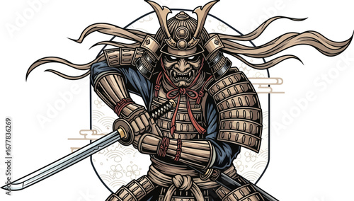 Illustration of a samurai warrior in armor wielding a katana with a menacing expression on his face