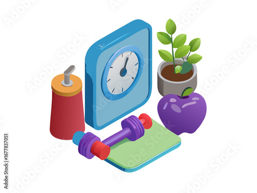 3d rendering of fitness equipment including dumbbells, weight scale, water bottle, stopwatch, and apple promoting a healthy lifestyle on a transparent background