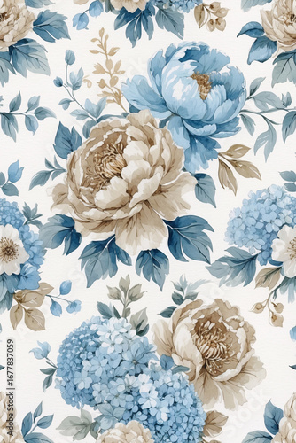 soft taupe and blue peony flowers arranged in seamless vintage pattern on ivory background for spring gift wrap wedding card or packaging floral botanical illustration design wallpaper background