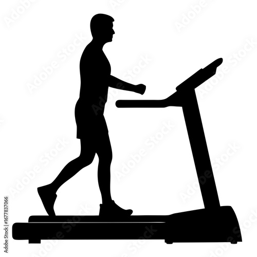 Silhouette of a person jogging on treadmill in black and white, fitness
