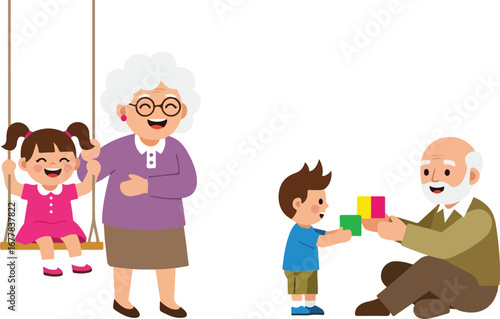 Happy grandparents enjoying playtime with their grandchildren; a girl on a swing and a boy playing with blocks.