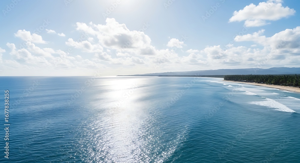 Fototapeta premium Vast Ocean Horizon with Sunlit Waves and Distant Shoreline.