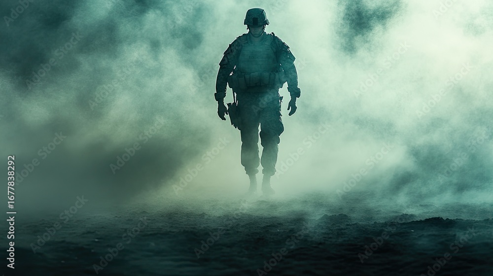 Fototapeta premium Soldier walking through smoky battlefield
