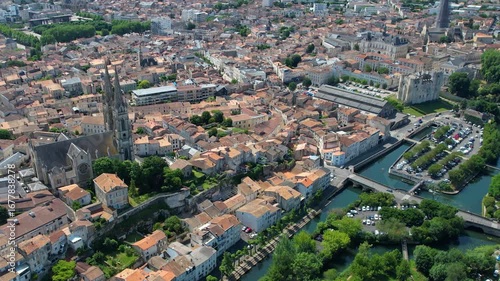 Aerial panorama view from the old town in the city Niort in France, on a sunny summer noon